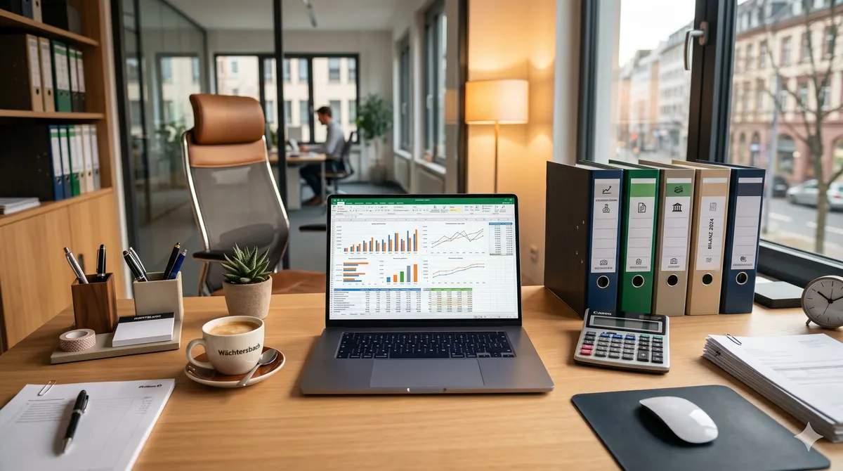 Steuerberater-Büro mit Laptop und Ordnern