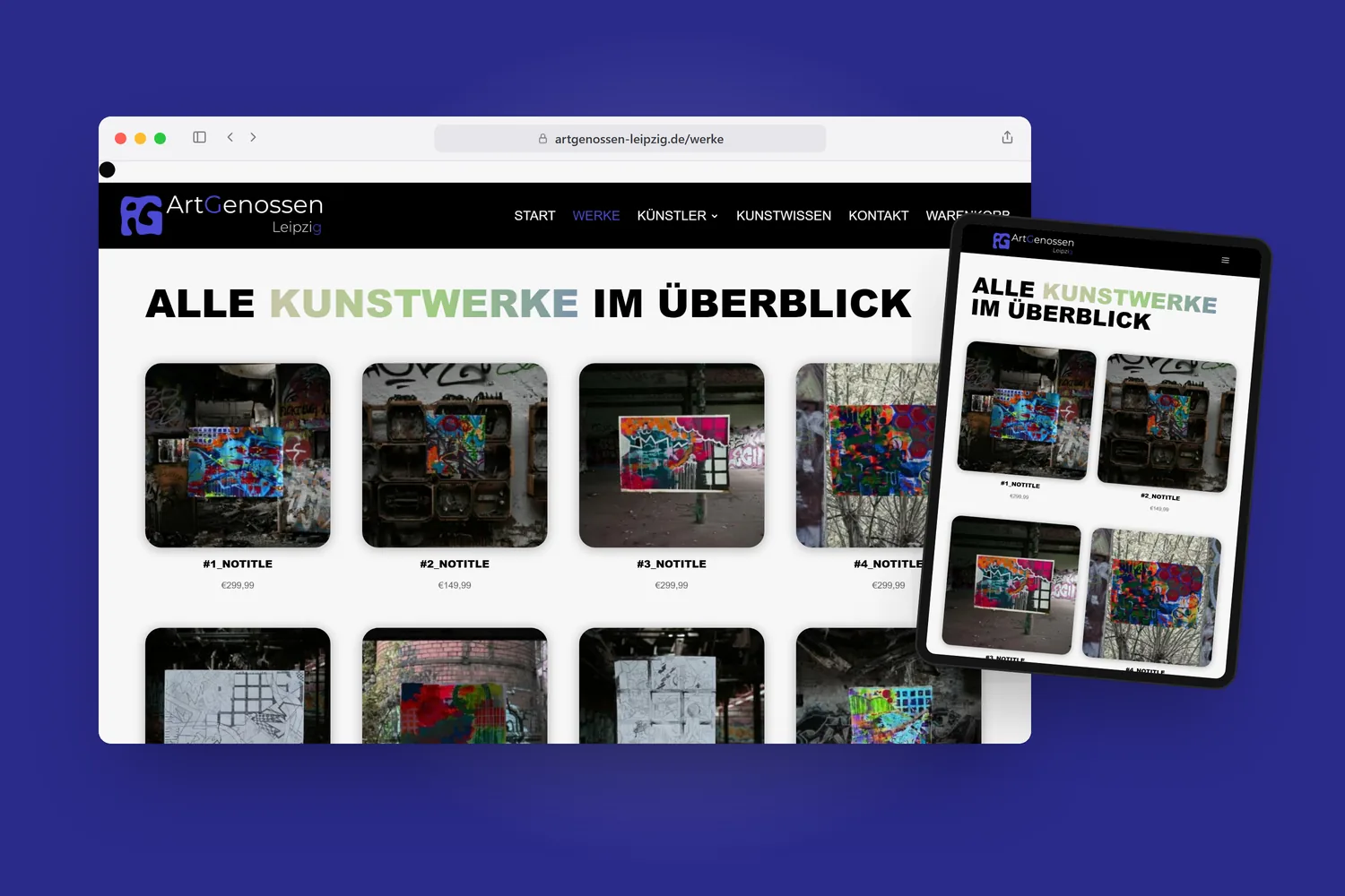 artgenossen-leipzig.de mit der Werkübersicht im Browserfenster und auf dem Tablet