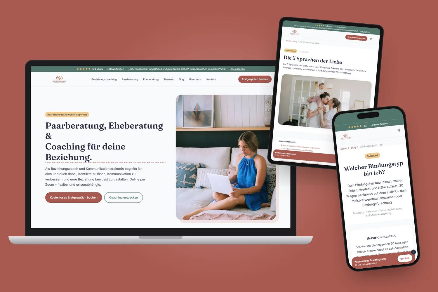 beziehungscoaching.de auf Laptop, Tablet und Smartphone — Startseite, Ratgeber und Bindungstypen-Test