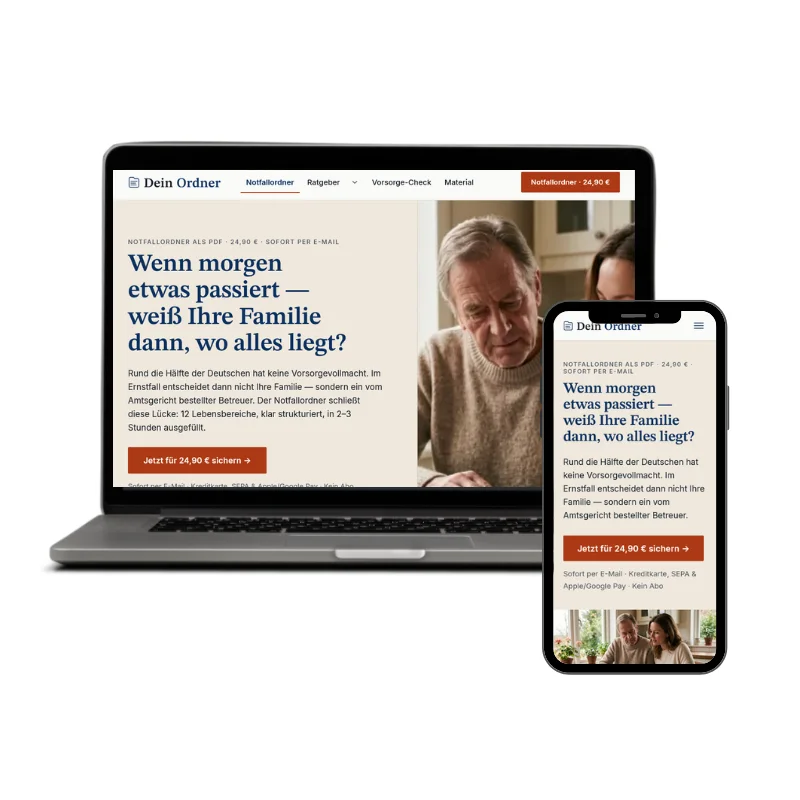 dein-ordner.de — digitaler Notfallordner mit eigenem Stripe-Checkout, Verkaufsseite auf Laptop und Smartphone