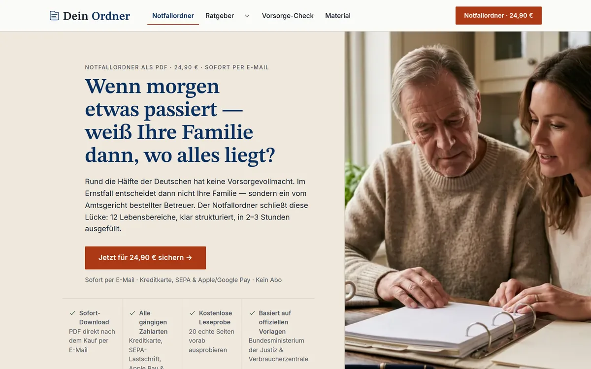 Startseite dein-ordner.de — digitaler Notfallordner mit eigenem Stripe-Checkout
