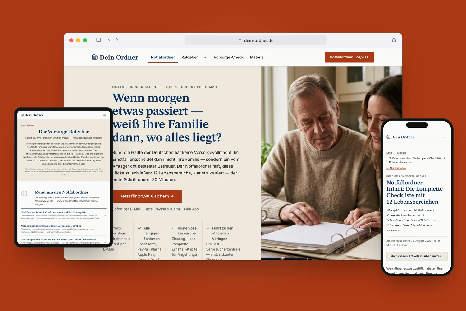 dein-ordner.de im Safari-Fenster, auf Tablet und Smartphone — Verkaufsseite, Vorsorge-Ratgeber und Checkliste