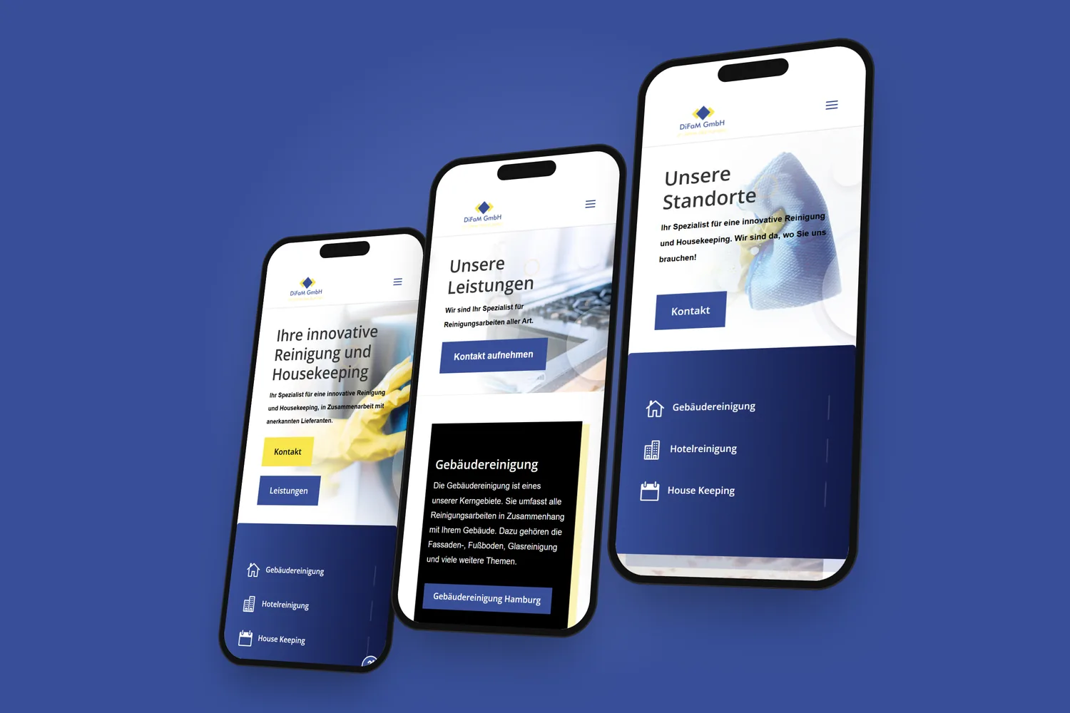 difamgmbh.de auf drei Smartphones: Startseite, Leistungen und Standorte, auf DiFaM-Blau