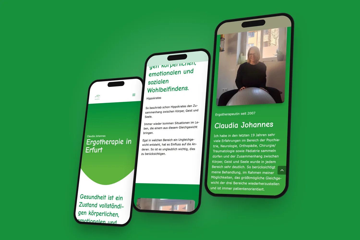 ergotherapie-cj-erfurt.de auf drei Smartphones, auf Grün