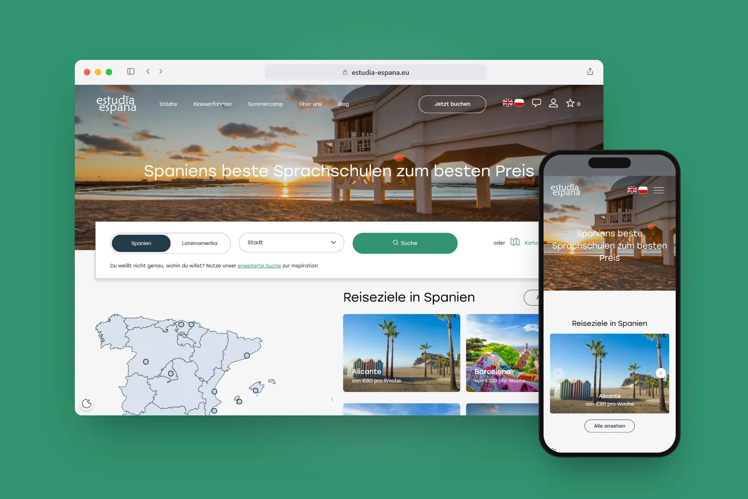 estudia-espana.eu im Browserfenster und auf dem Smartphone, auf Grün