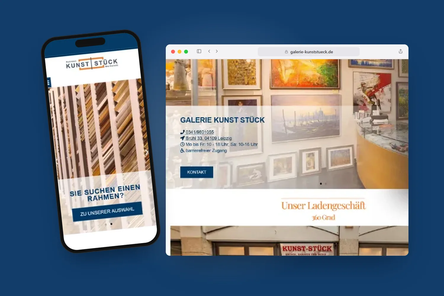 Website der Galerie Kunst Stück im Browserfenster und auf dem Smartphone