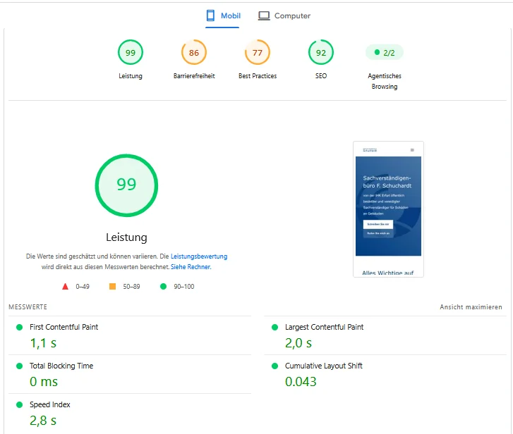 Google PageSpeed Insights: 99/100 Leistung für die Divi-5-Website des Sachverständigenbüros Schuchardt