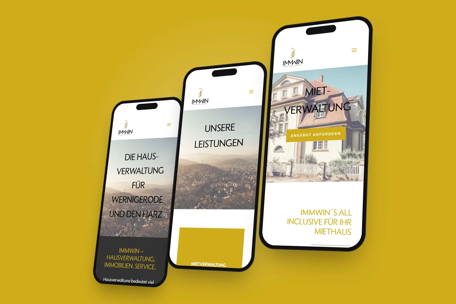 immwin.de auf drei Smartphones: Startseite, Leistungen und Mietverwaltung, auf IMMWIN-Gold