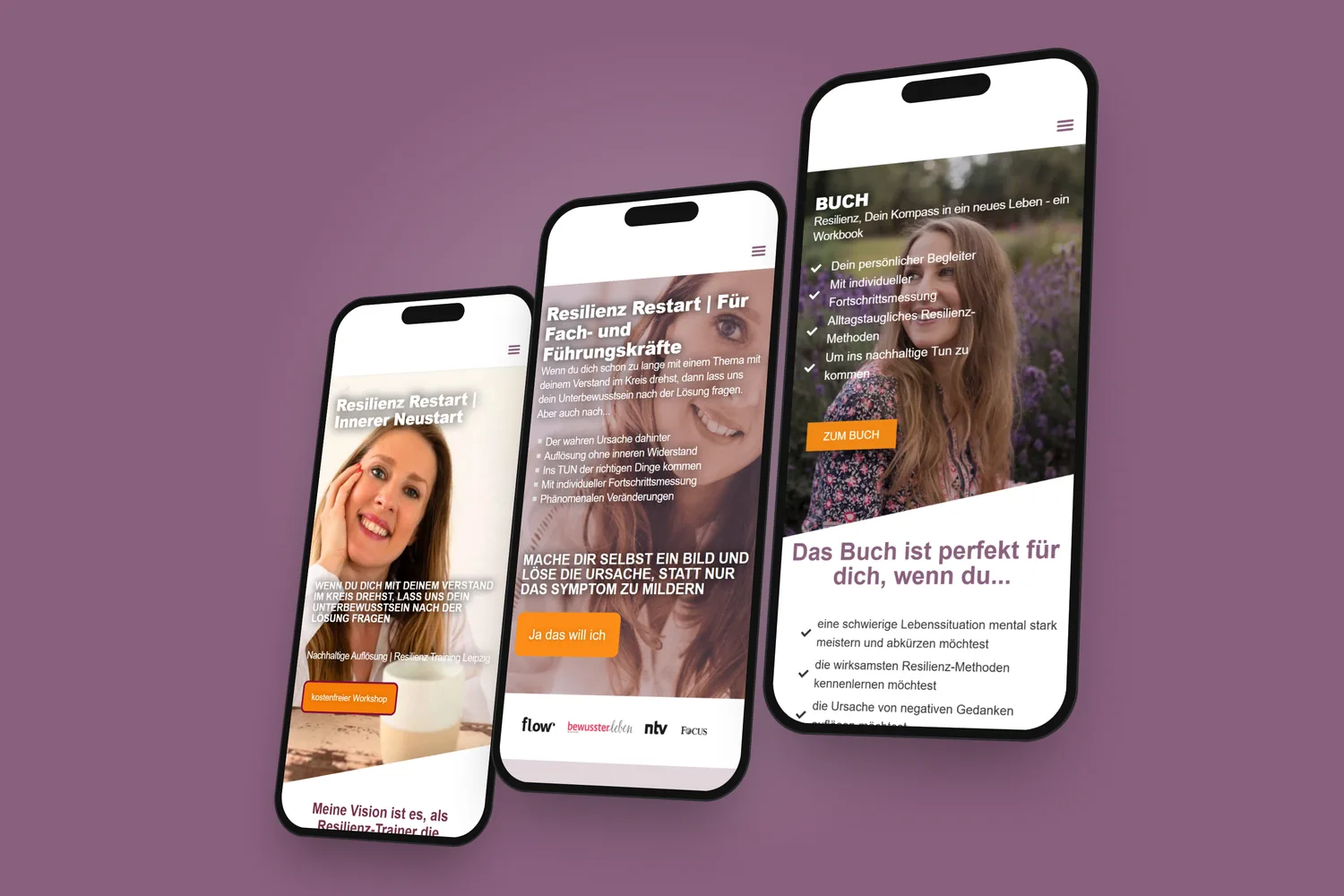 kristinbecker.de auf drei Smartphones: Startseite, Resilienz Restart und Buch, auf Mauve