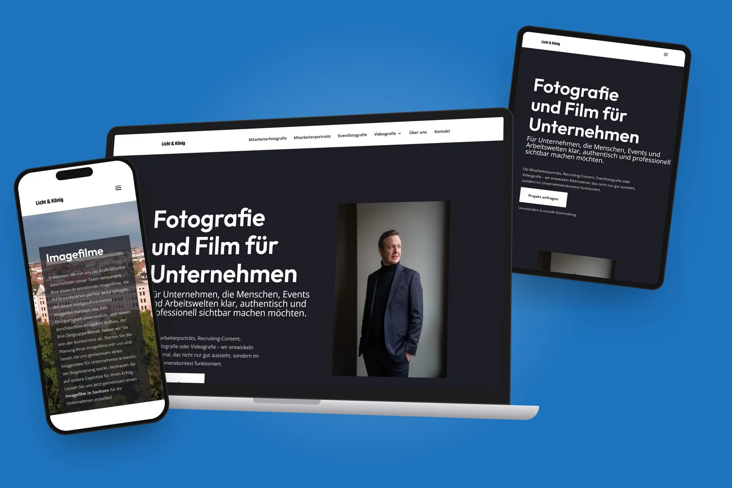 unternehmensfotografie-leipzig.de auf Laptop, Tablet und Smartphone, auf Blau