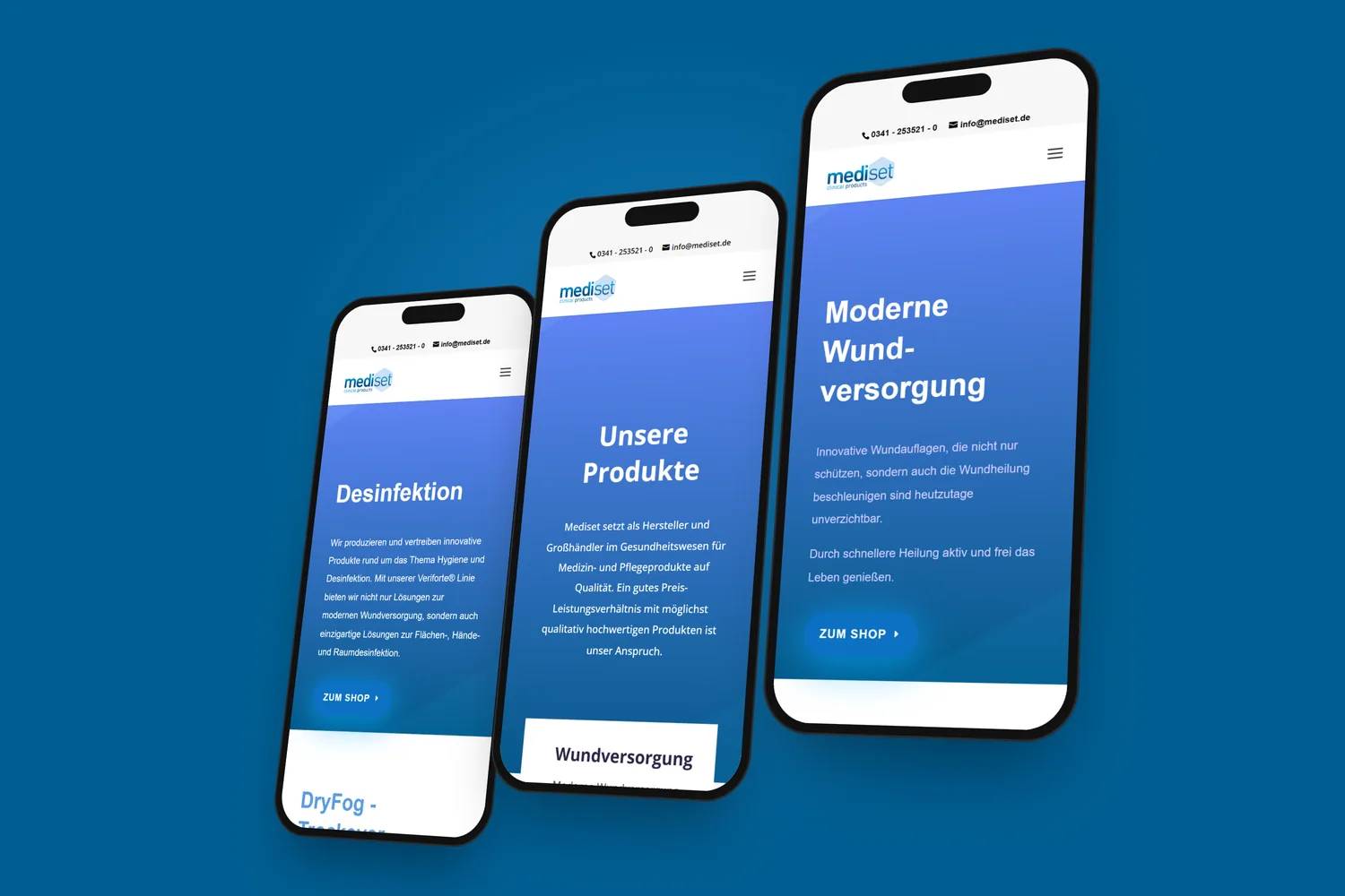 mediset.de Website-Relaunch auf drei Smartphones in 3D-Perspektive