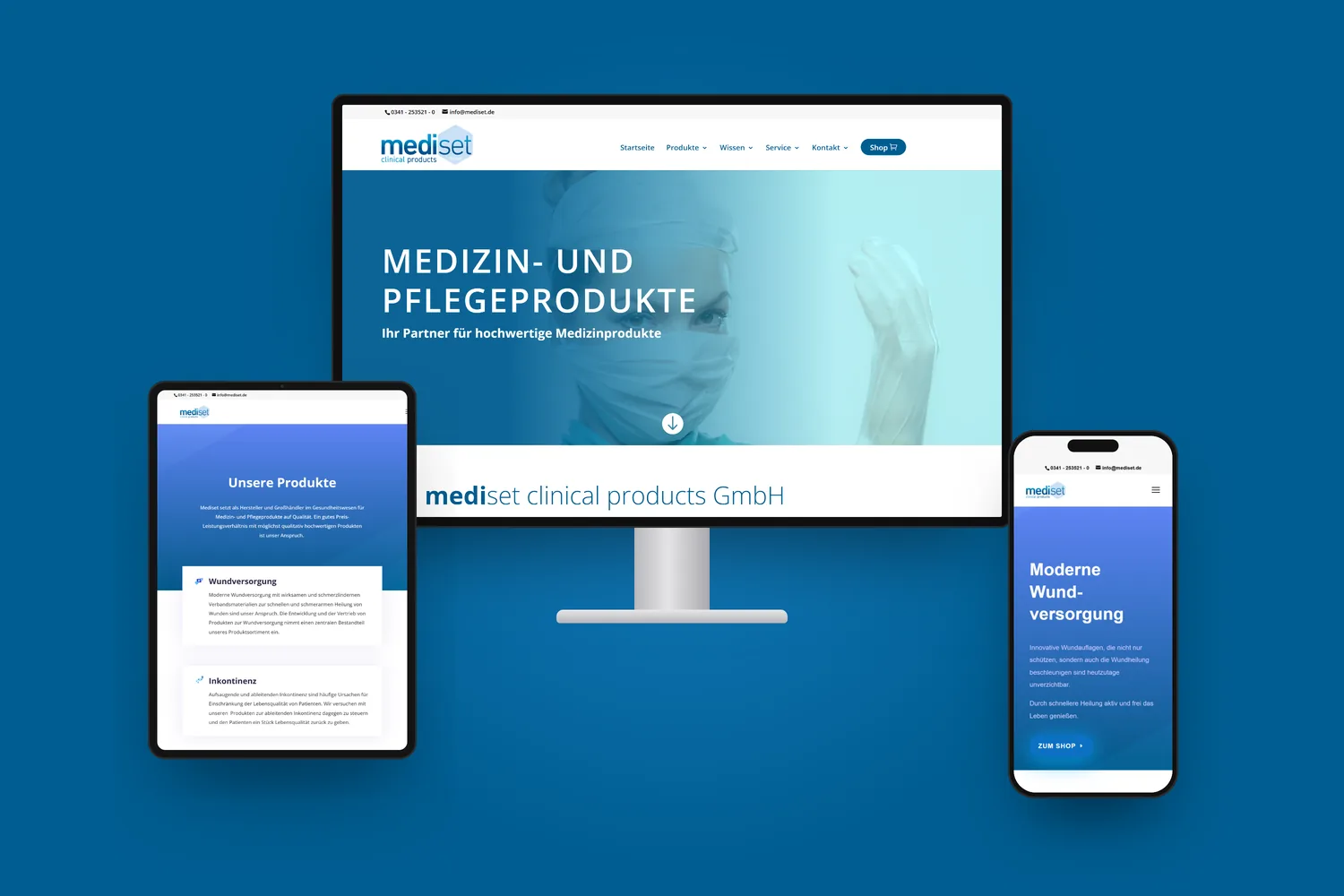 mediset.de auf Monitor, Tablet und Smartphone — Startseite, Produktübersicht und Wundversorgung auf mediset-Blau