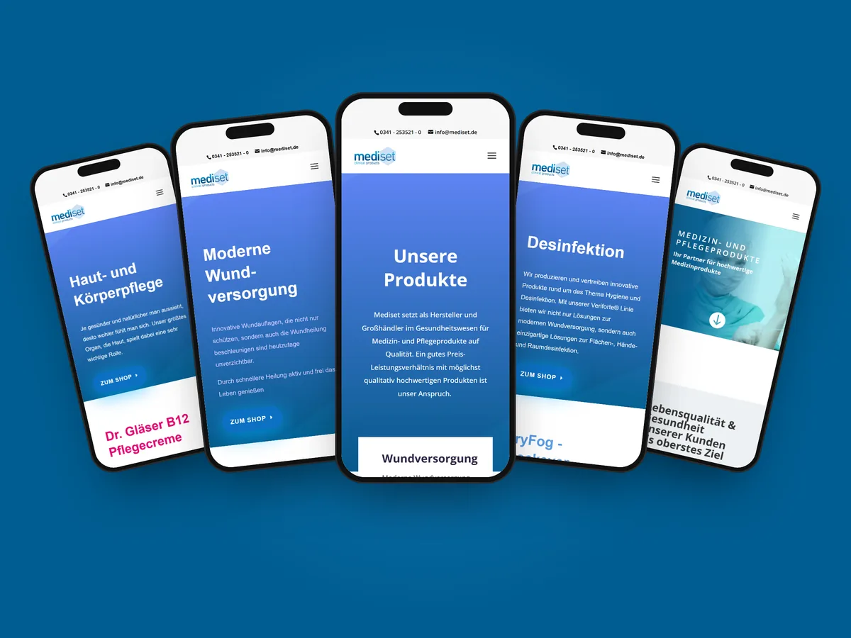 Fünf Produktbereiche von mediset.de im Smartphone-Fächer: Haut- und Körperpflege, Wundversorgung, Produktübersicht, Desinfektion, Startseite