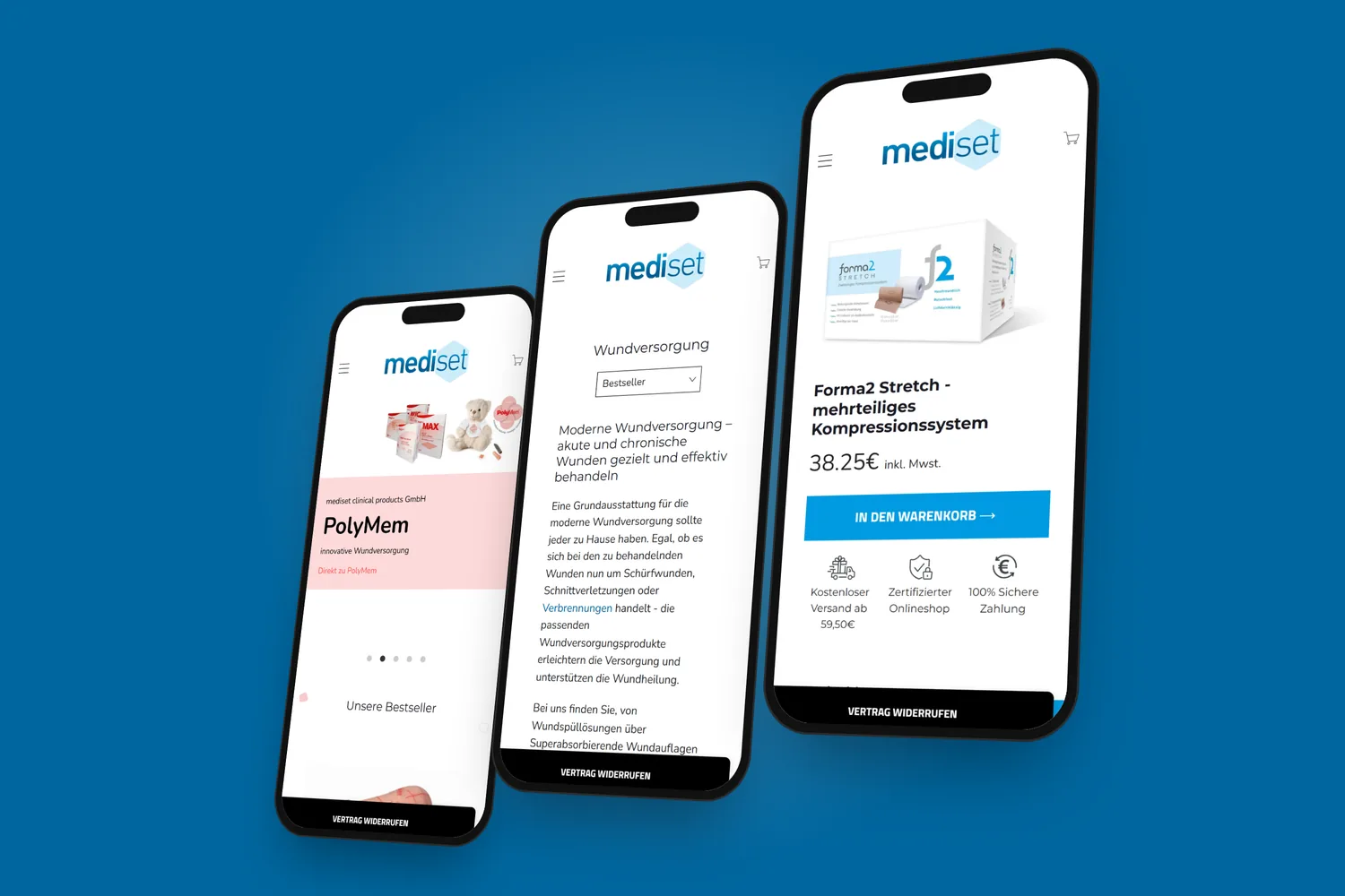 shop.mediset.de auf drei Smartphones: Startseite, Wundversorgung und Produktseite