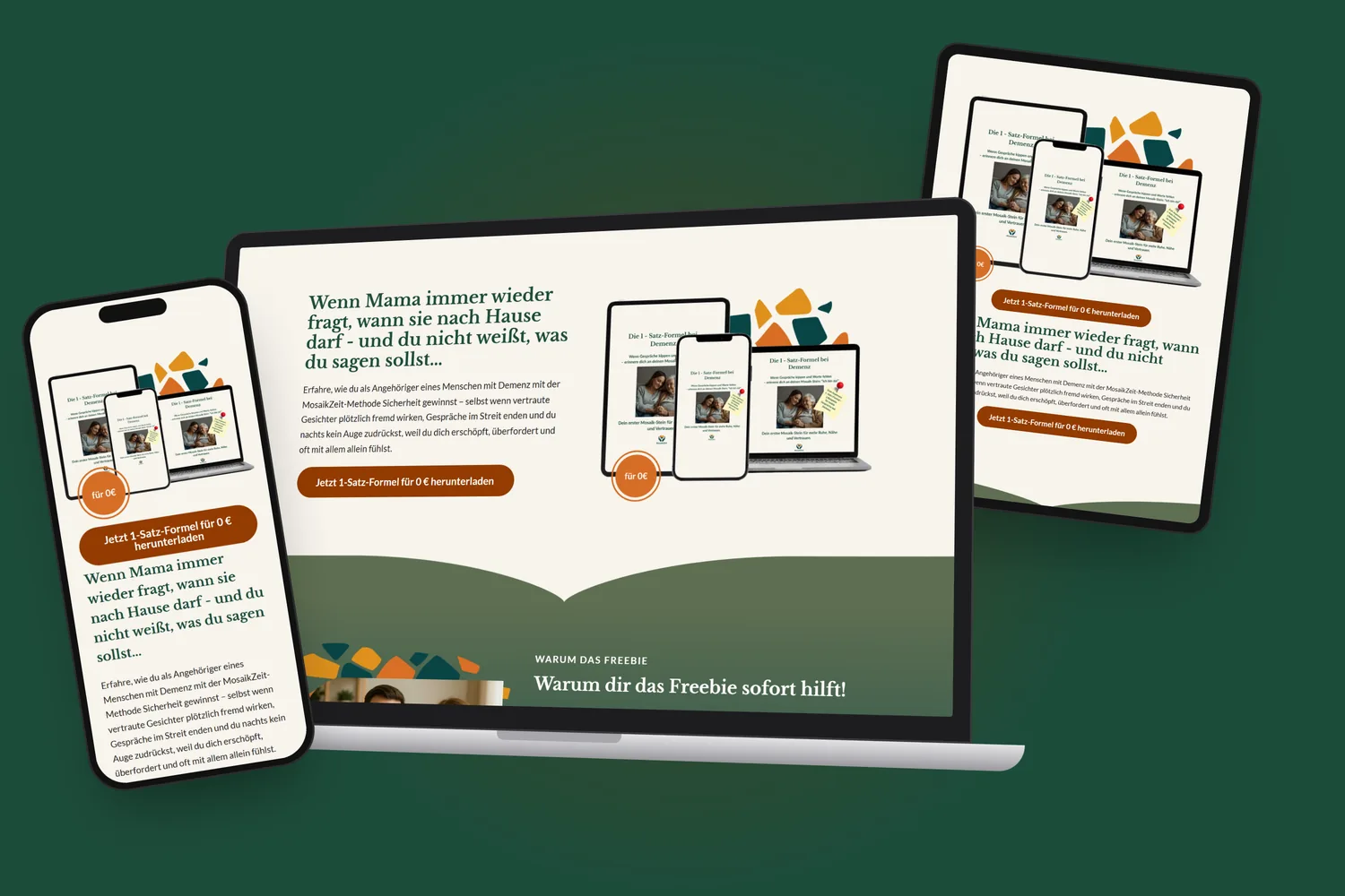 meine-mosaikzeit.de auf Laptop, Tablet und Smartphone vor Waldgrün — Landingpage mit Freebie „1-Satz-Formel“