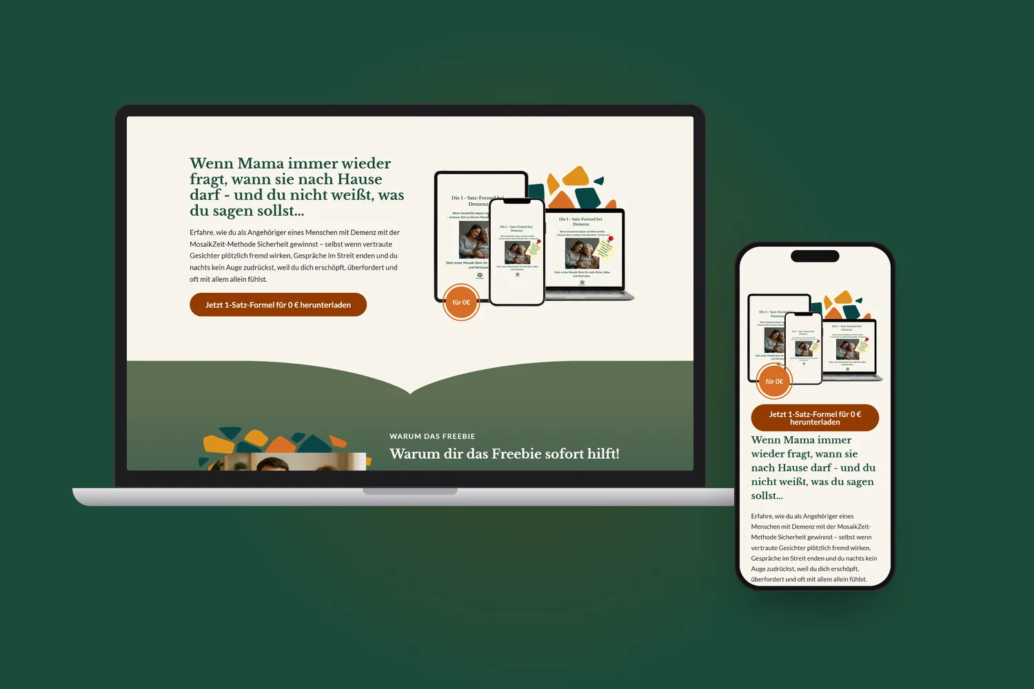 Landingpage meine-mosaikzeit.de auf Laptop und Smartphone vor Waldgrün