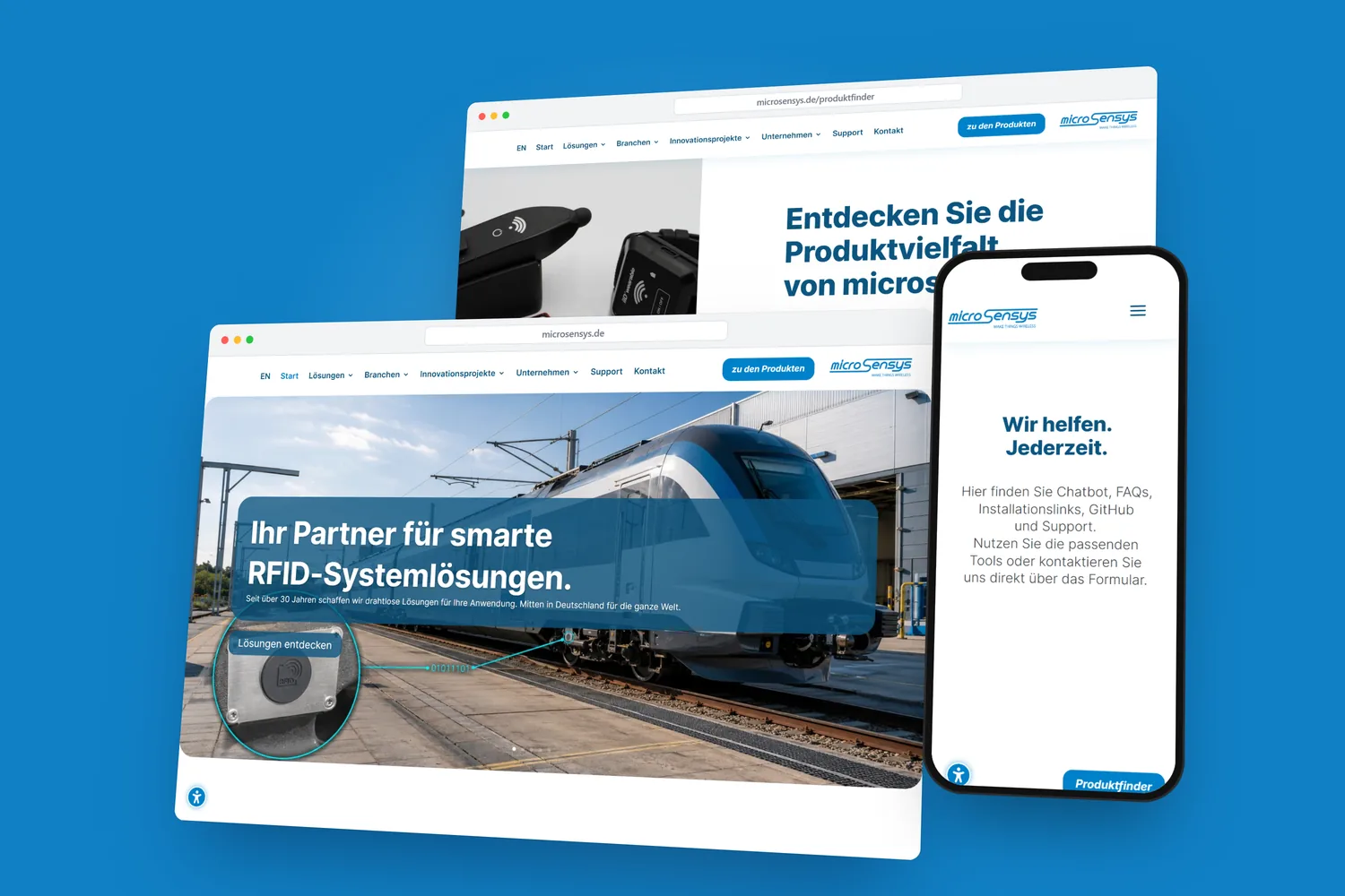 microsensys.de Relaunch: Startseite und Produktfinder am Desktop, Support-Seite auf dem Smartphone