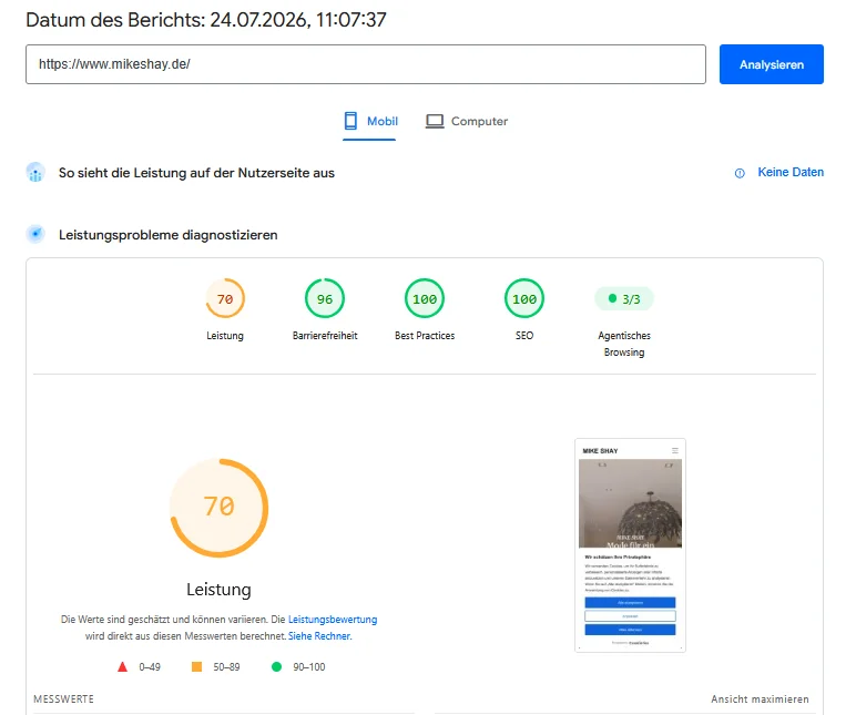 PageSpeed Insights mikeshay.de (mobil) — nachher: Leistung 70, SEO 100, Best Practices 100, Agentisches Browsing 3/3