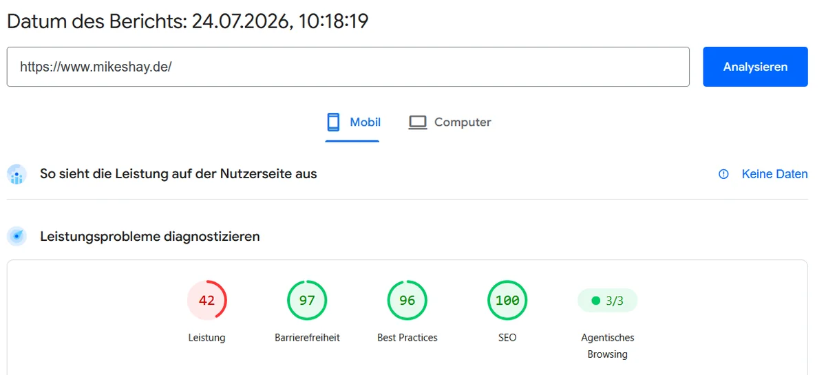 PageSpeed Insights mikeshay.de (mobil) — früher Messpunkt, Leistung 42