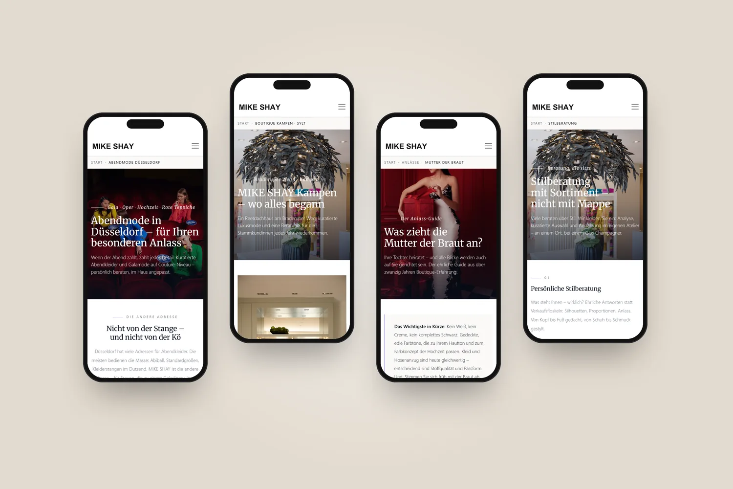 Vier Seiten von mikeshay.de auf Smartphones — Abendmode, Kampen/Sylt, Brautmutter, Stilberatung