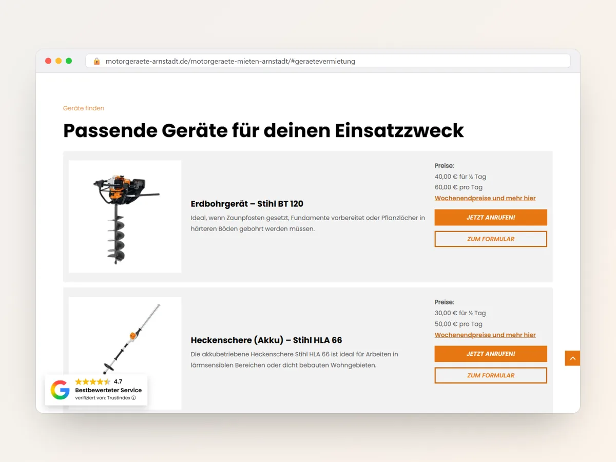 Gerätekarten der Vermietung mit Preisen, Button „Jetzt anrufen!" und „Zum Formular"