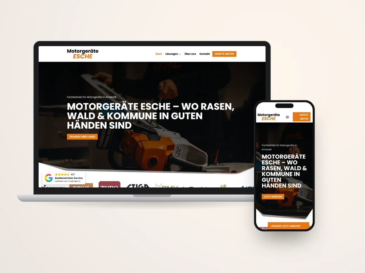 Startseite auf Laptop und Smartphone mit Werkstatt-Hero und Claim „Wo Rasen, Wald & Kommune in guten Händen sind"