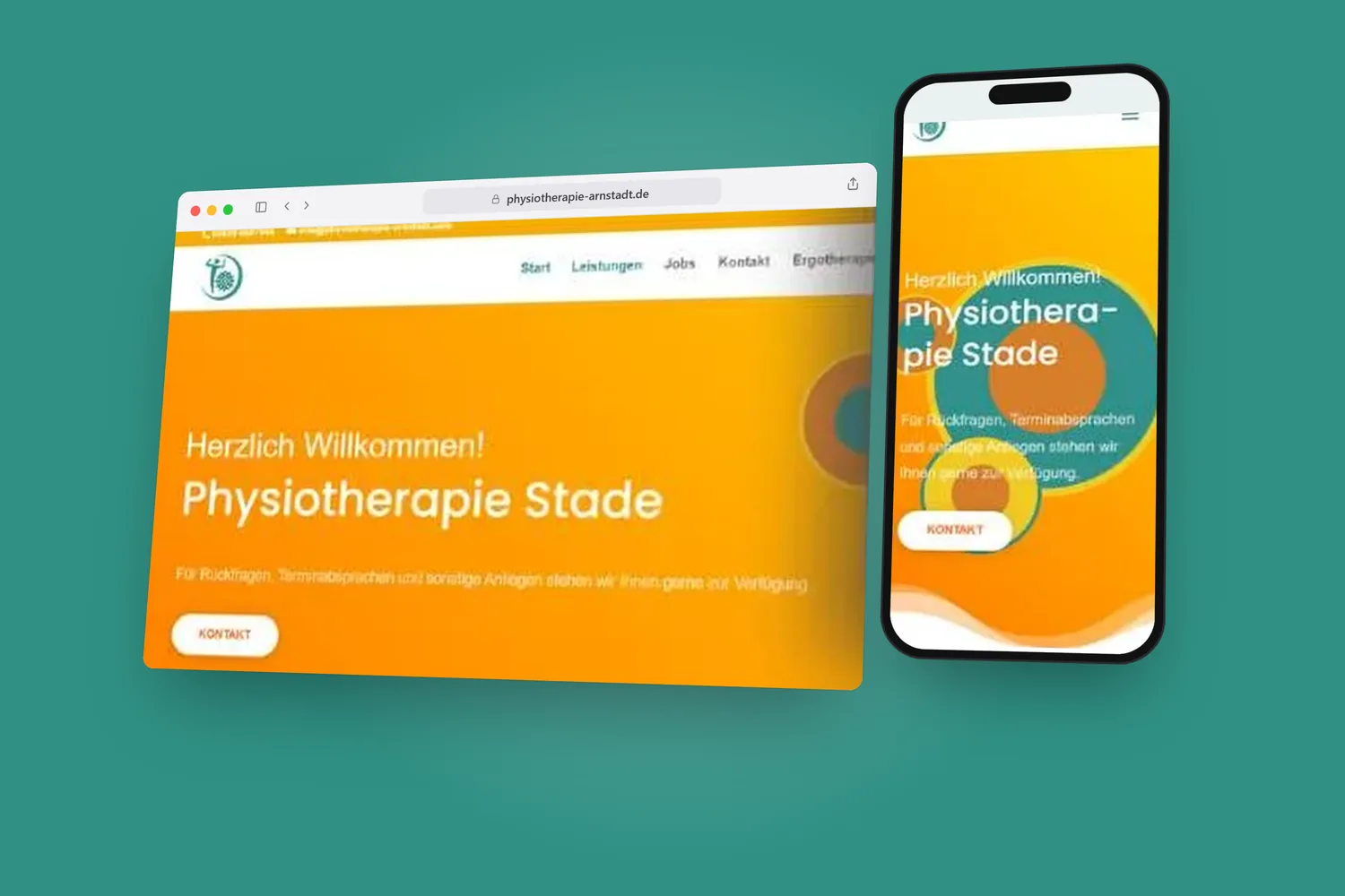 Website der Physiotherapie Stade im Browserfenster und auf dem Smartphone, schräg, auf Teal