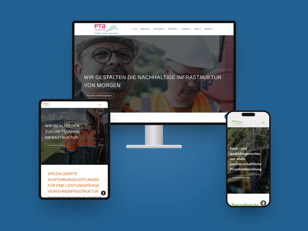 PTB-Gruppe auf Monitor, Tablet und Smartphone vor PTB-Blau — Ingenieure, Infrabau und Umwelt