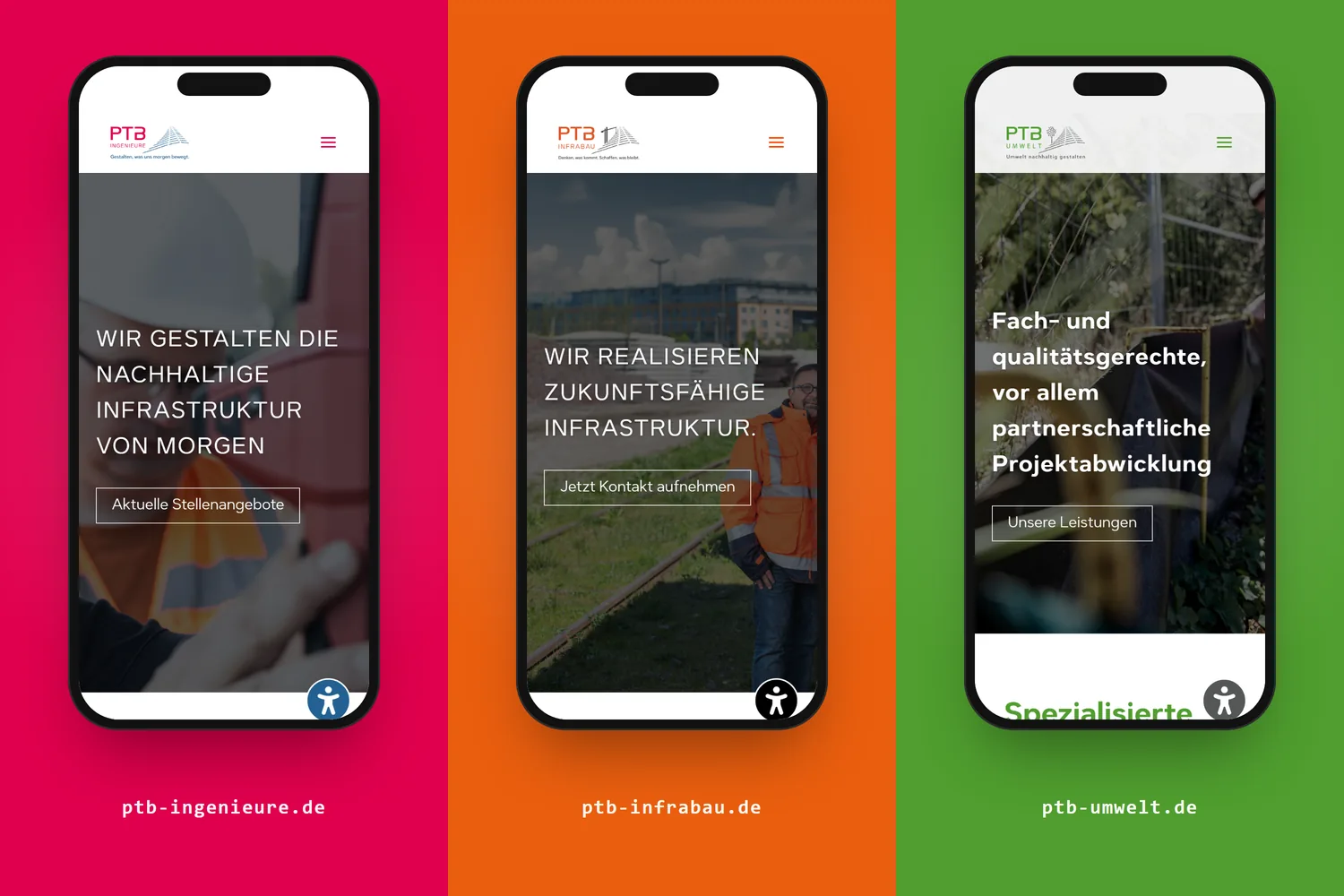 Die drei PTB-Websites nebeneinander auf Smartphones in ihren CI-Farben