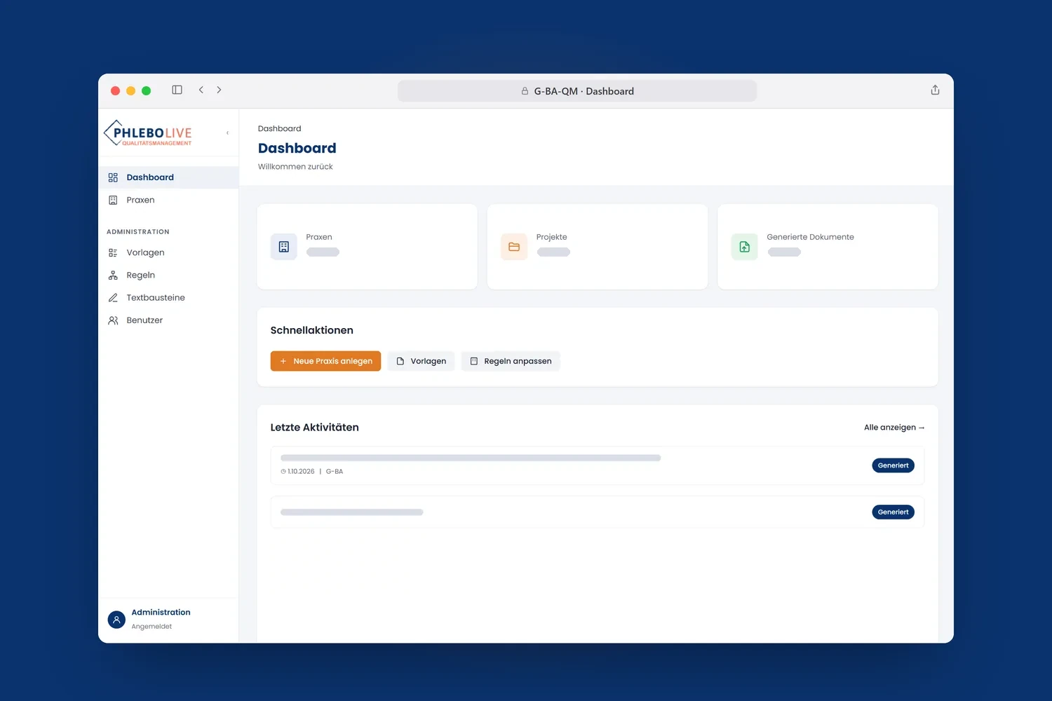 QM-Dashboard mit Praxen, Projekten, generierten Dokumenten und Schnellaktionen im Browserfenster