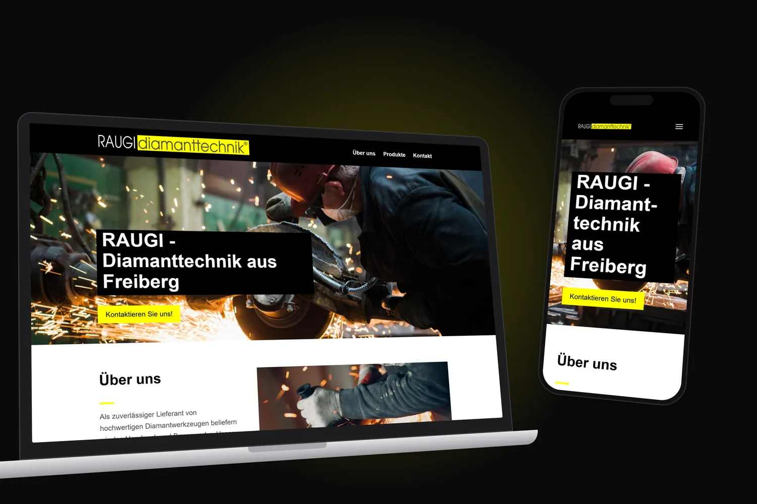 One-Pager raugi-diamanttechnik.de auf Laptop und Smartphone, beide schräg, auf Schwarz mit gelbem Schein