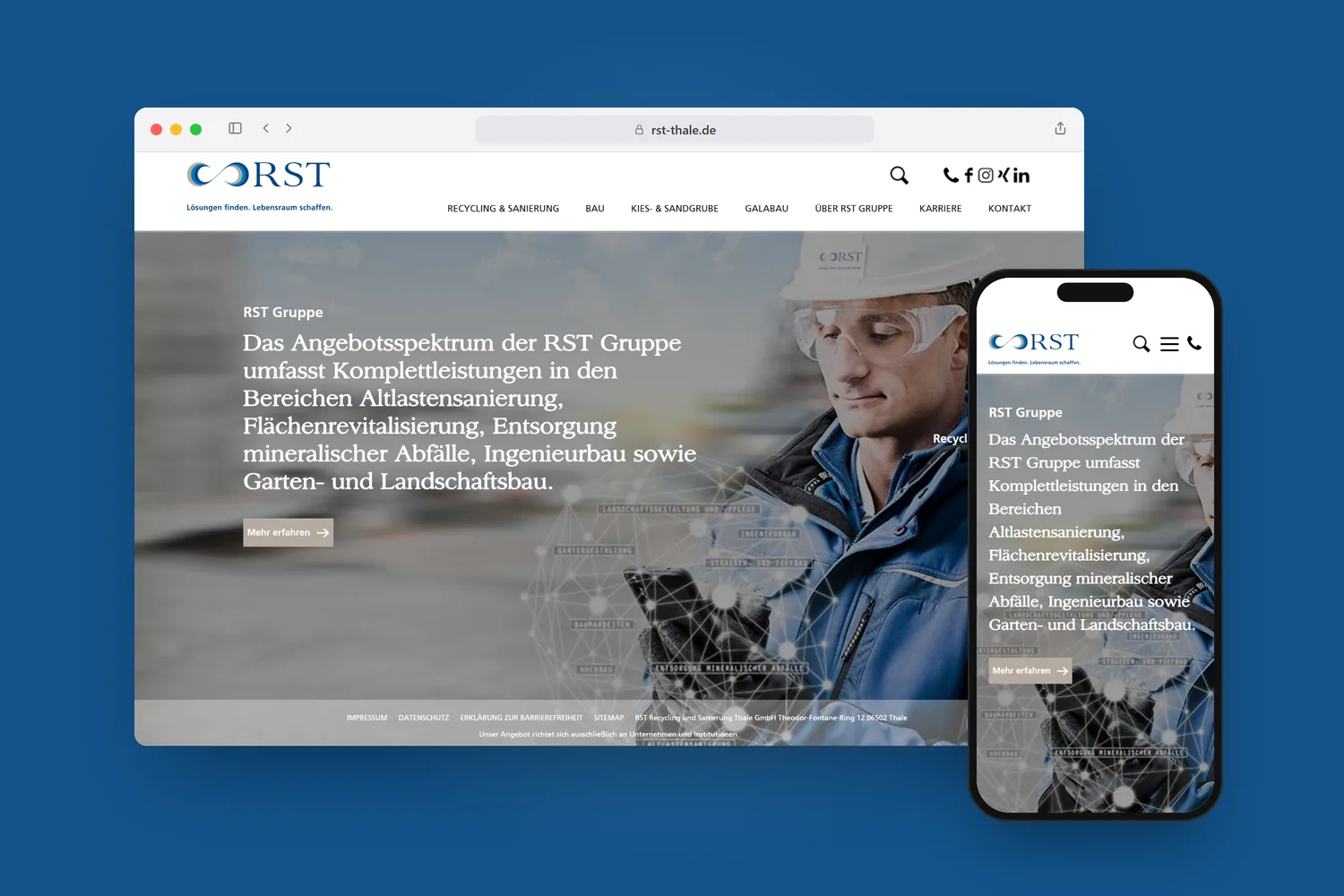 rst-thale.de im Browserfenster und auf dem Smartphone, auf RST-Blau