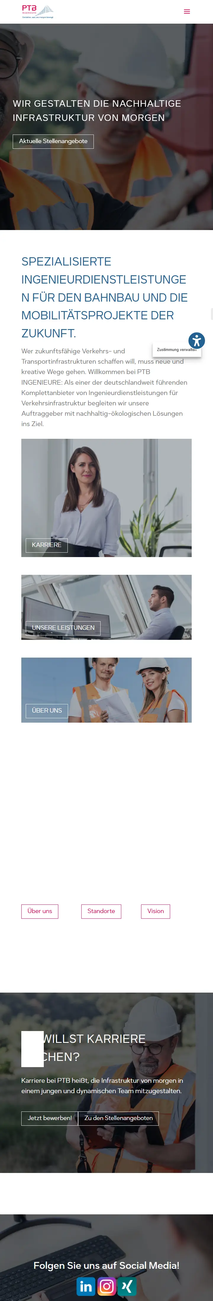 Corporate Website ptb-ingenieure.de der PTB-Gruppe — komplette Startseite mit Leistungen für Bahnbau und Verkehrsinfrastruktur