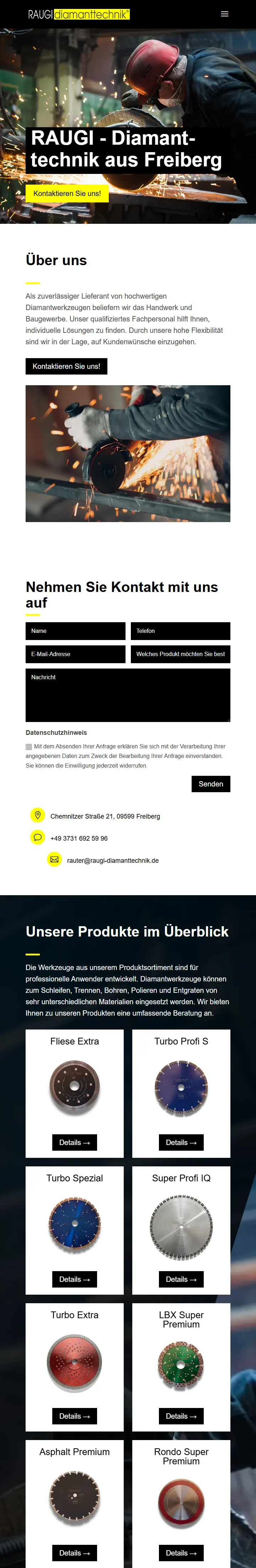 One-Pager raugi-diamanttechnik.de von RAUGI Diamanttechnik aus Freiberg — komplette Startseite mit Über-uns und Kontaktformular