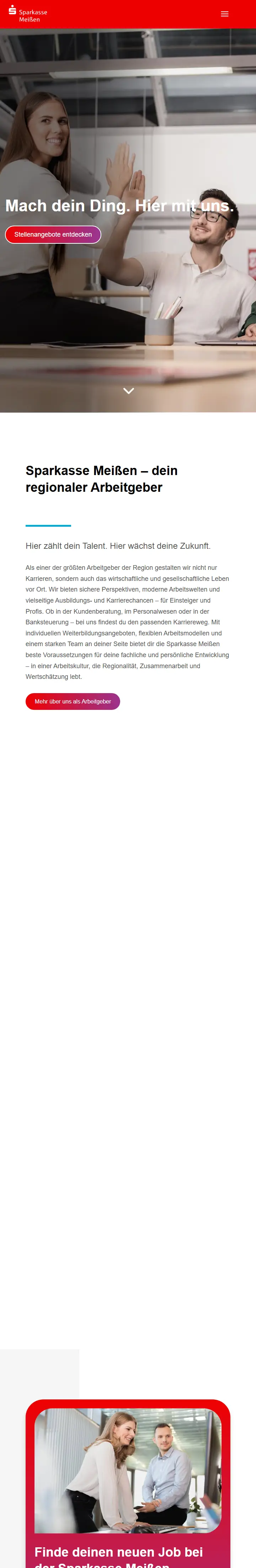 Karriereportal karriere.sparkasse-meissen.info der Sparkasse Meißen — komplette Startseite mit Stellenangeboten und Arbeitgeber-Vorstellung
