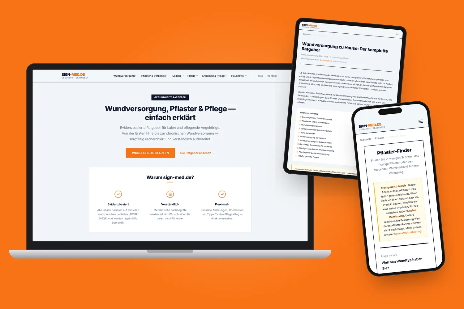 sign-med.de auf Laptop, Tablet und Smartphone — Startseite, Ratgeber Wundversorgung und Pflaster-Finder