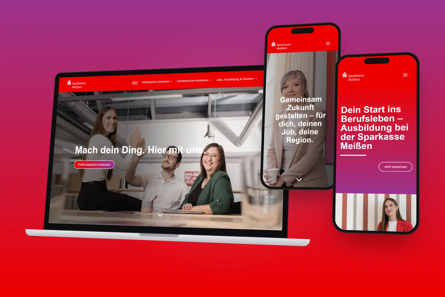Karriereportal der Sparkasse Meißen auf Laptop und zwei Smartphones