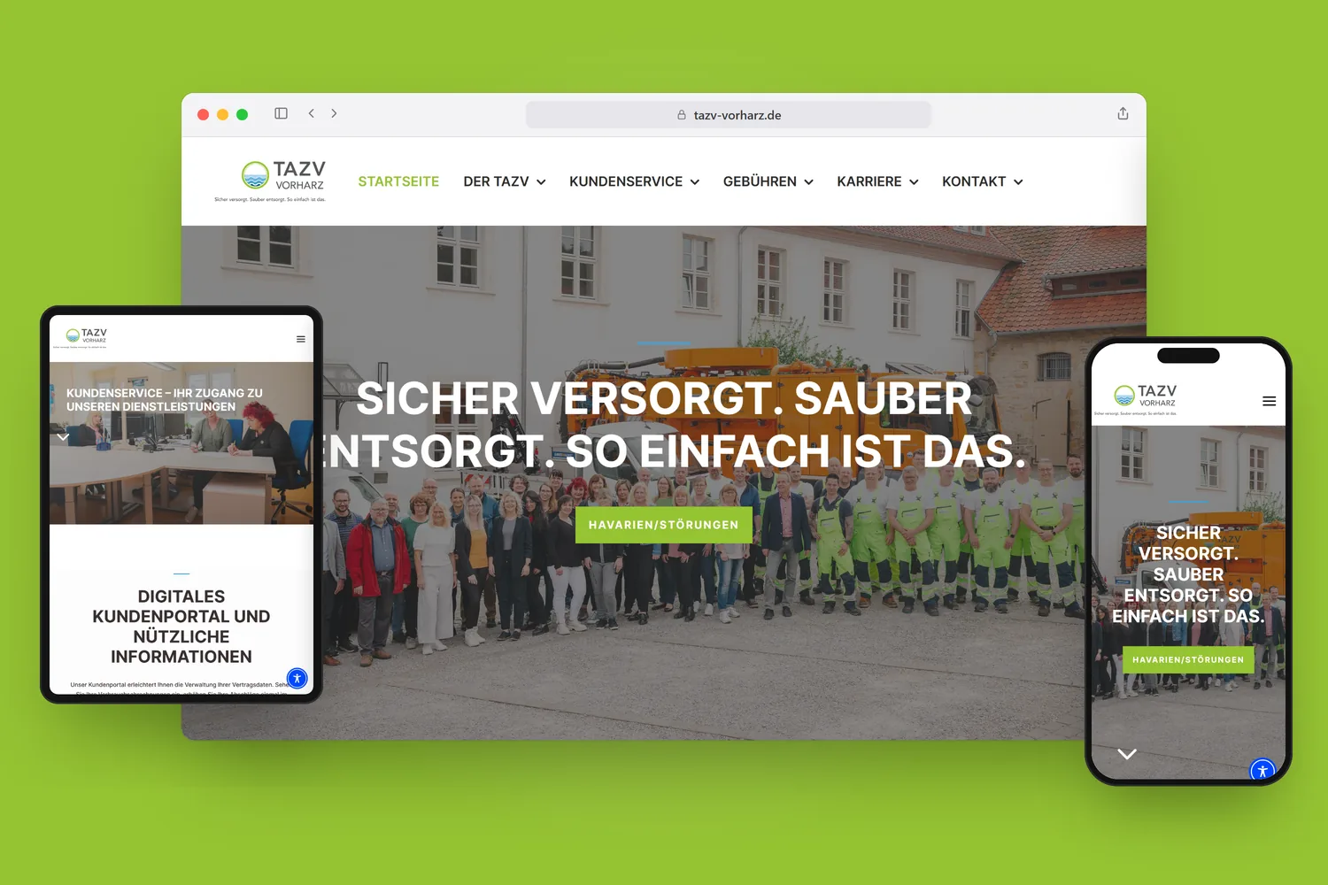 tazv-vorharz.de groß im Safari-Fenster, links das Tablet (Kundenservice), rechts das Smartphone (Startseite) vor TAZV-Grün