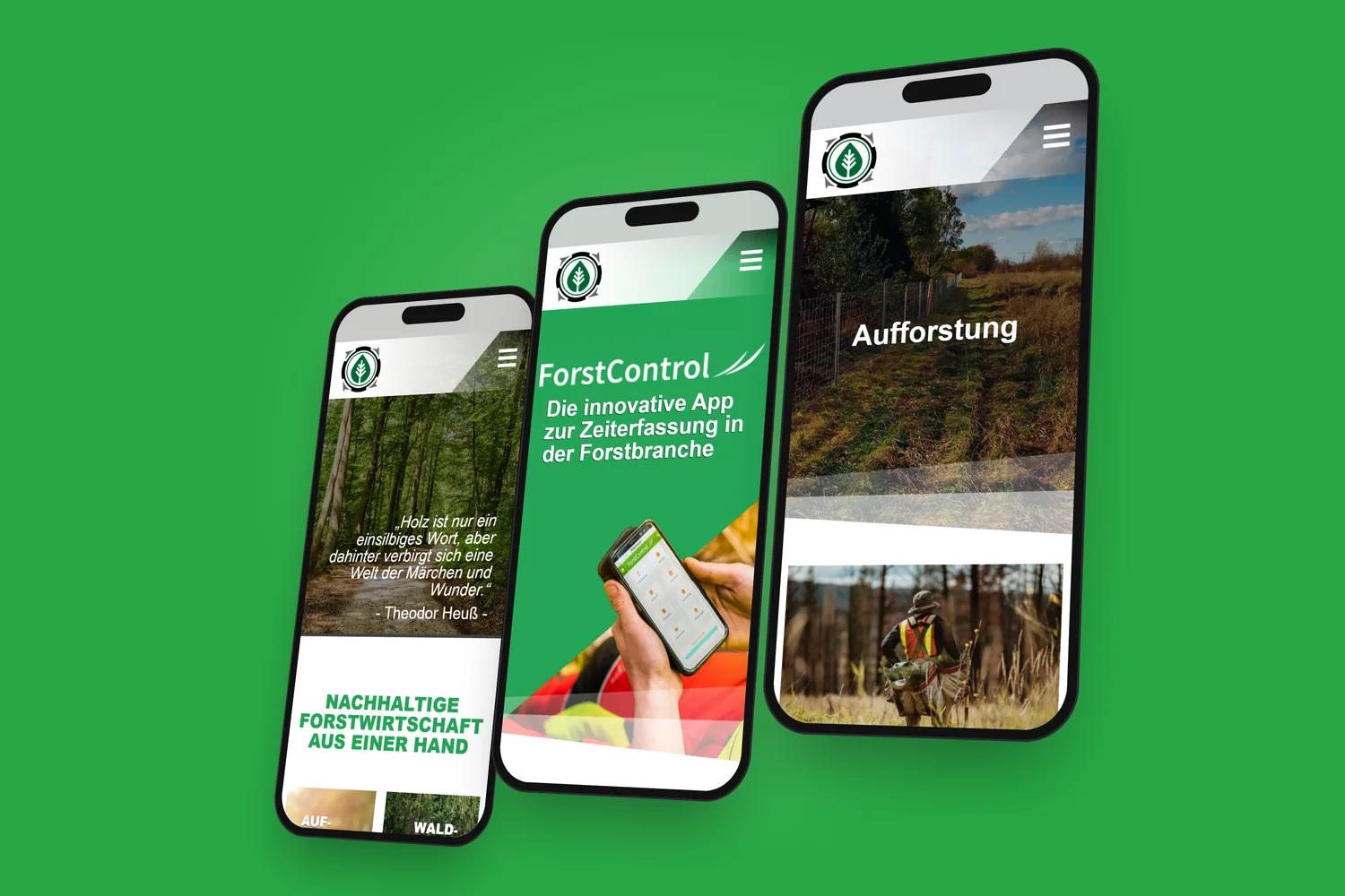 timbercut.de auf drei Smartphones: Startseite, Landingpage ForstControl und Aufforstung, auf Grün