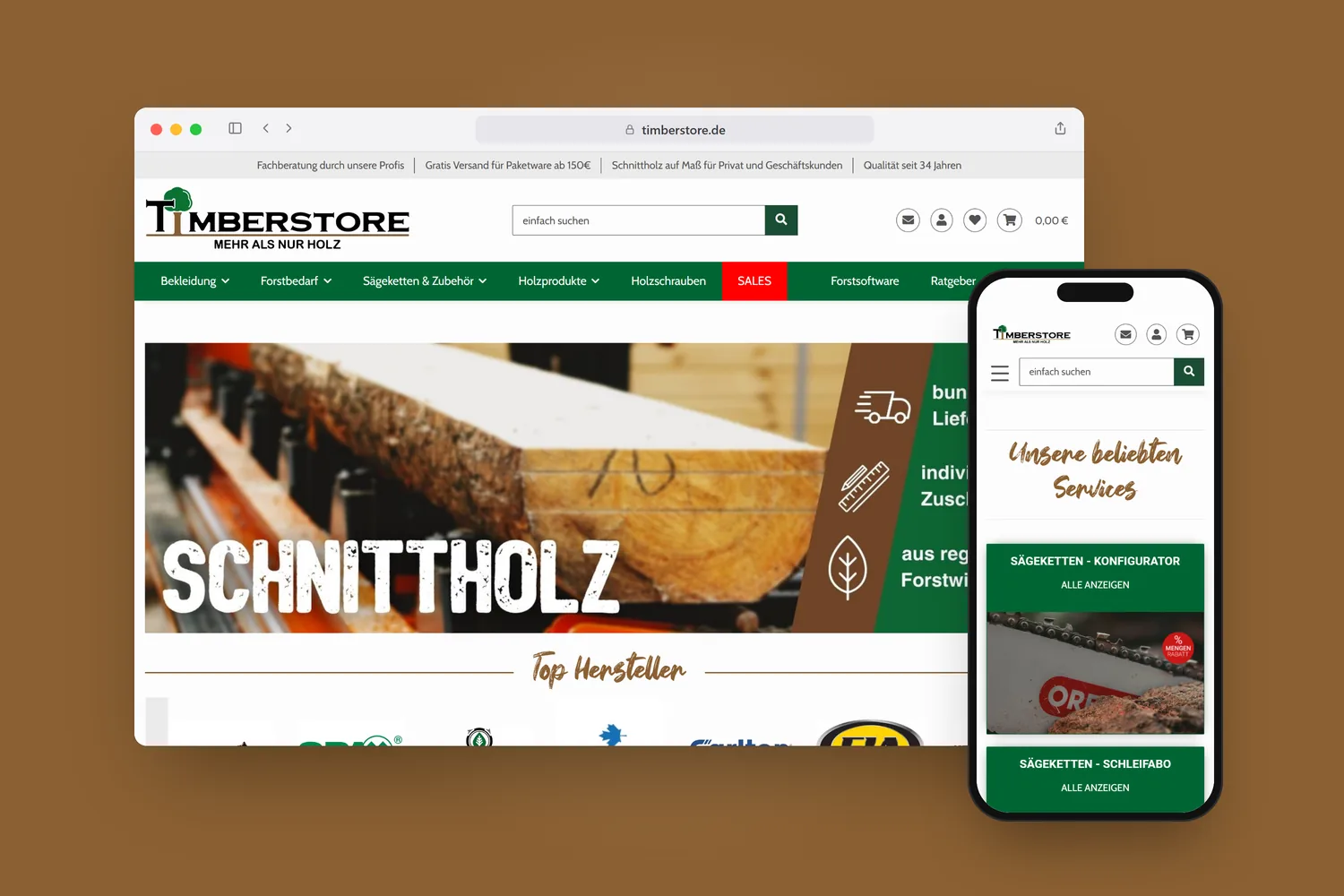 timberstore.de im Browserfenster und auf dem Smartphone, auf Holzbraun