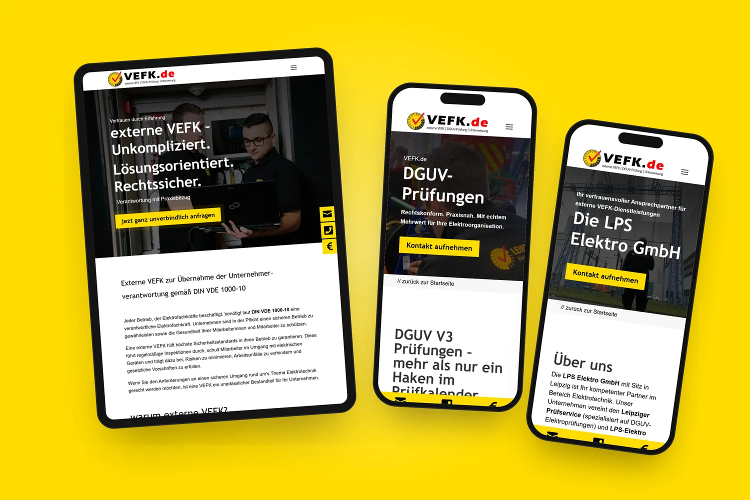 vefk.de auf Tablet und zwei Smartphones (DGUV-Prüfung, Über uns), auf VEFK-Gelb