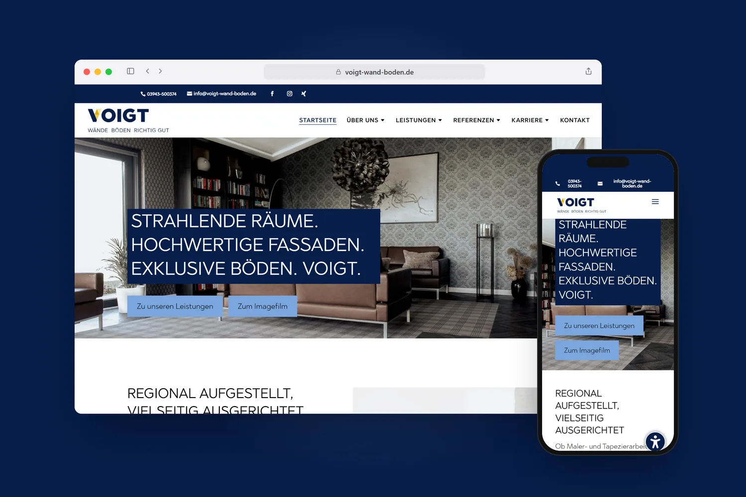 voigt-wand-boden.de im Browserfenster und auf dem Smartphone, auf VOIGT-Dunkelblau