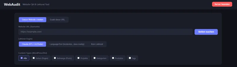 Webaudit-Tool Dashboard — internes Analyse-Werkzeug
