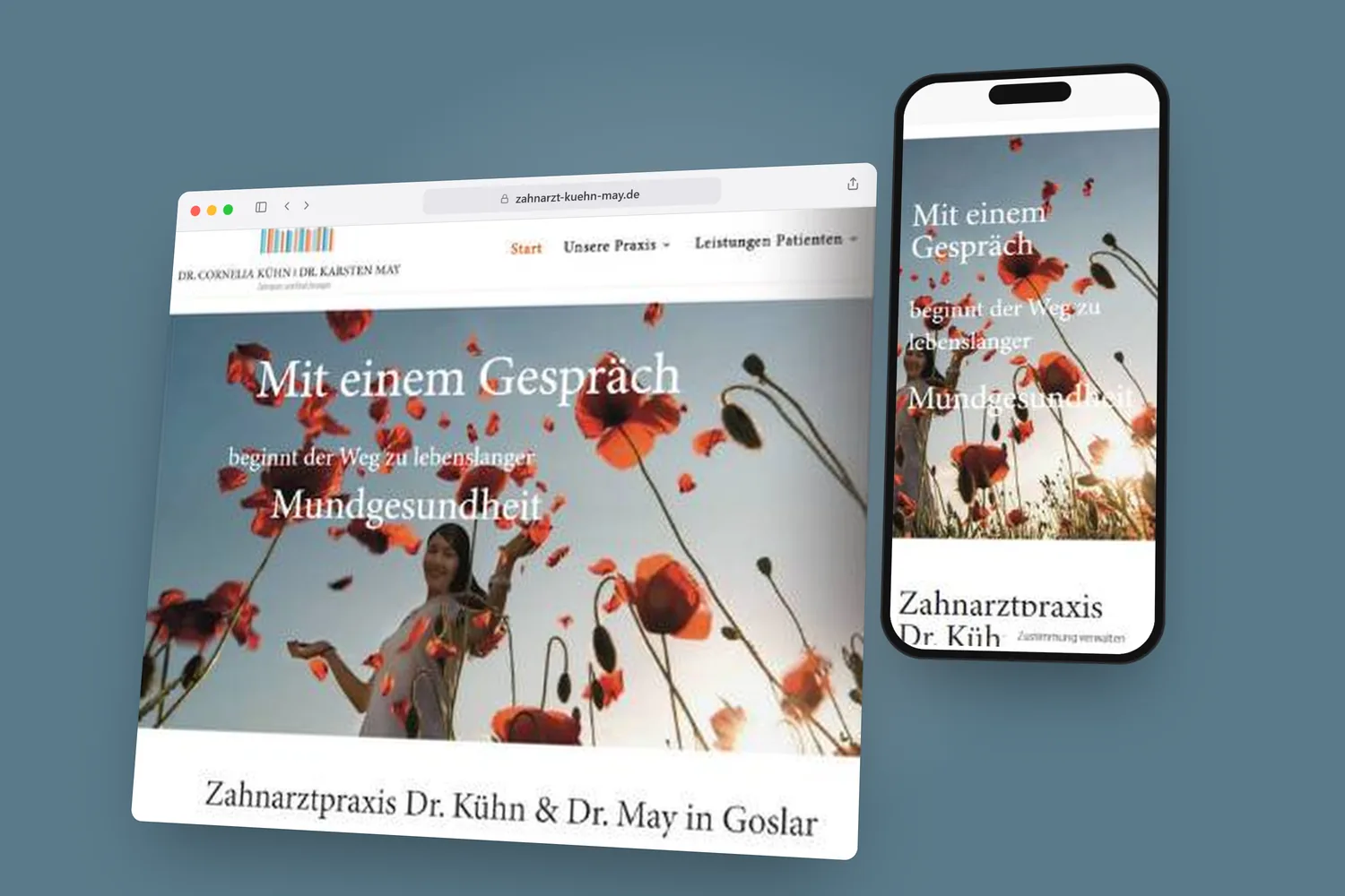 Website der Zahnarztpraxis Dr. Kühn & Dr. May im Browserfenster und auf dem Smartphone, schräg