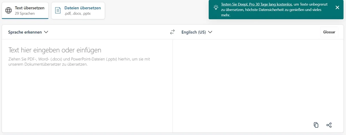 DeepL Übersetzungsdienst Oberfläche