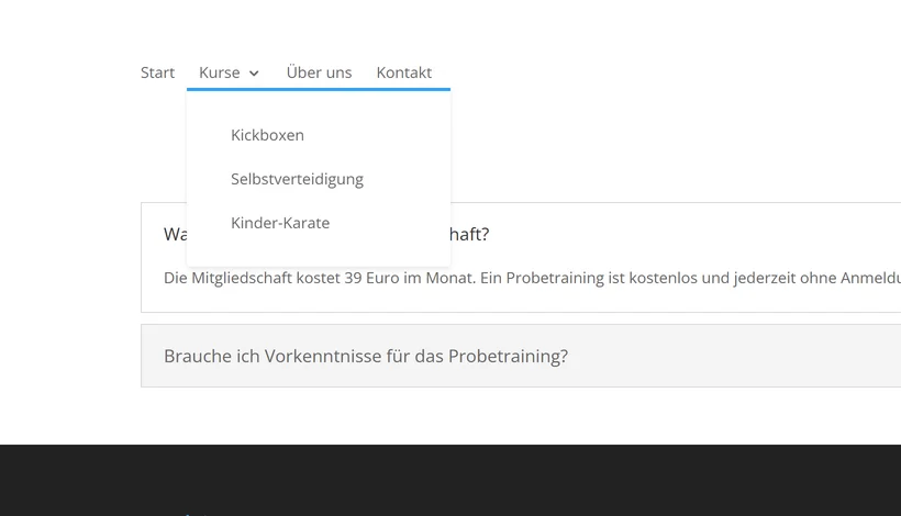 Divi 5 Standard-Dropdown: schmale Liste unter dem Menüpunkt Kurse