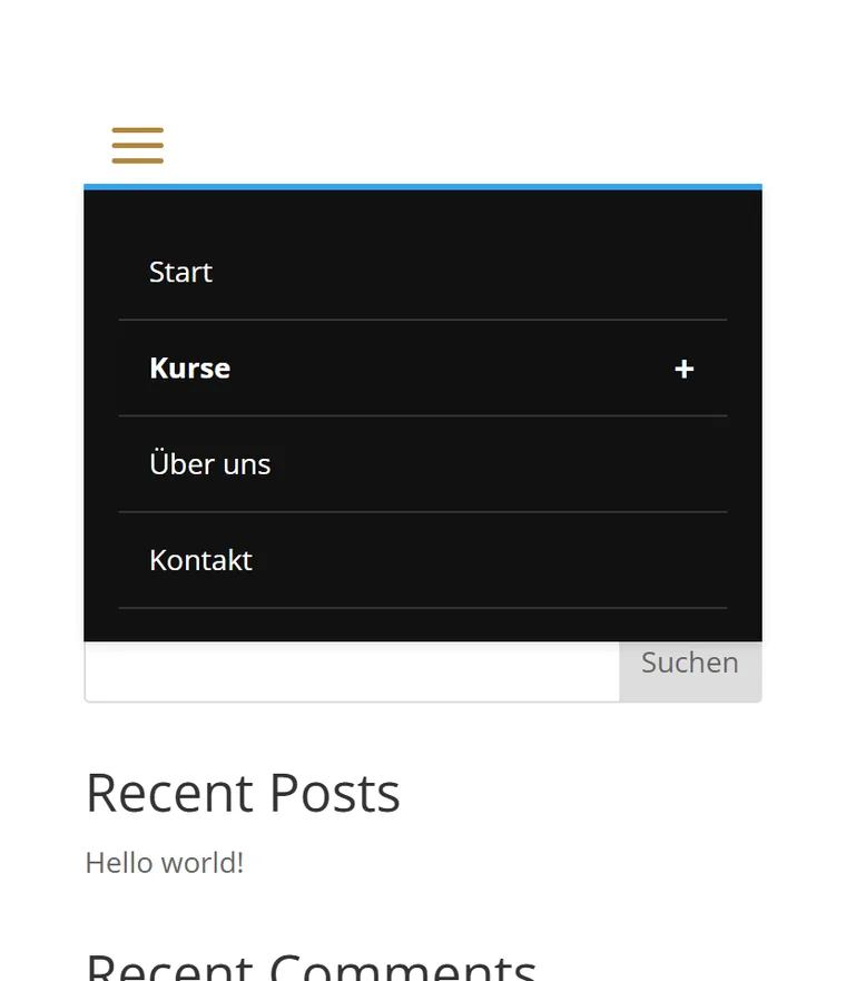 Divi 5 Mobile-Menü gestylt: goldenes Hamburger-Icon, dunkles Menü, klappbares Untermenü