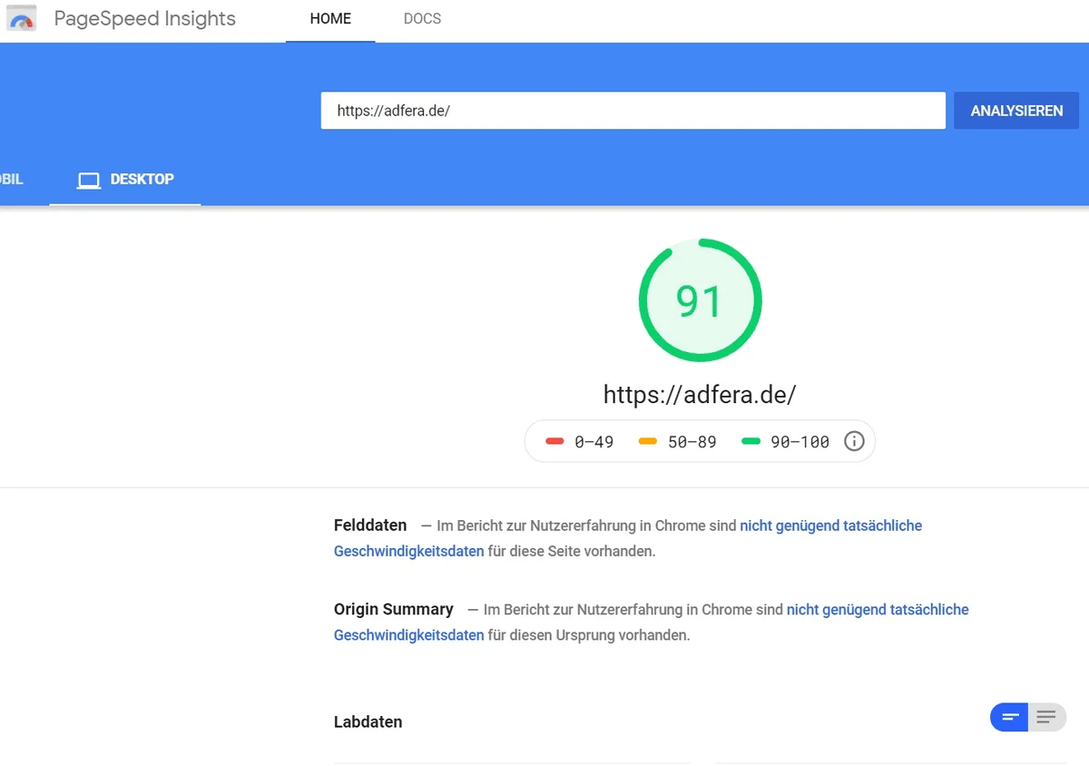 Google PageSpeed Insights: URL eingeben und den Performance-Score analysieren