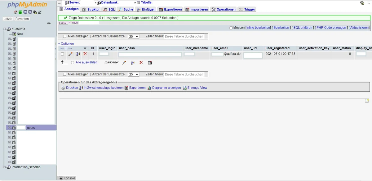 phpMyAdmin WordPress User-Tabelle
