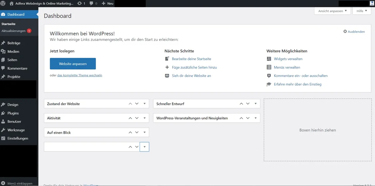 WordPress Dashboard nach dem Login
